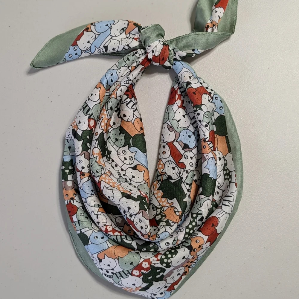 Whimsical cats scarf, neckerchief, light green polyester, unisex